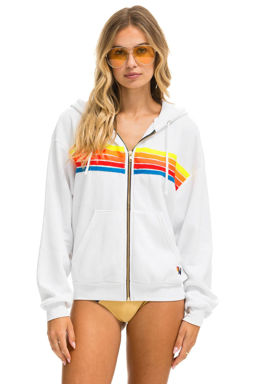5 STRIPE RELAXED ZIP HOODIE - WHITE // NEON RAINBOW - Image 2