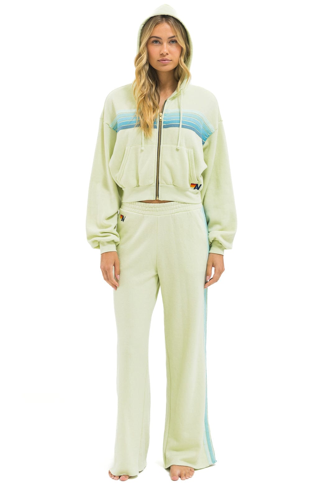 5 STRIPE CROPPED ZIP HOODIE RELAXED - LIME CREAM // SEAFOAM - Image 4