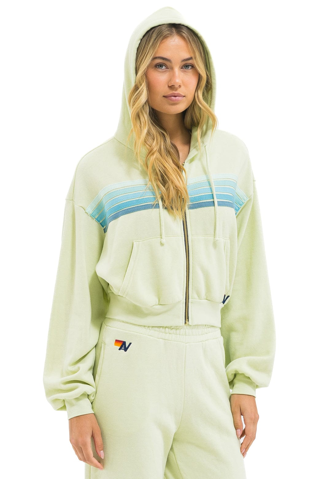 5 STRIPE CROPPED ZIP HOODIE RELAXED - LIME CREAM // SEAFOAM - Image 2