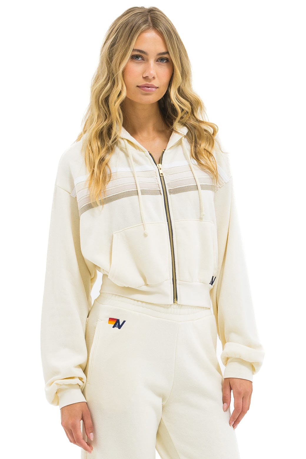 5 STRIPE CROPPED ZIP HOODIE RELAXED - VINTAGE WHITE // WHITE GREY - Image 3