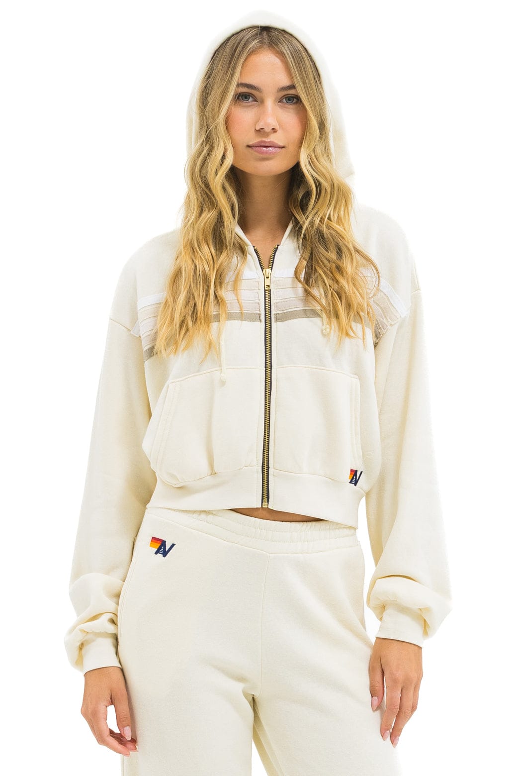 5 STRIPE CROPPED ZIP HOODIE RELAXED - VINTAGE WHITE // WHITE GREY - Image 4