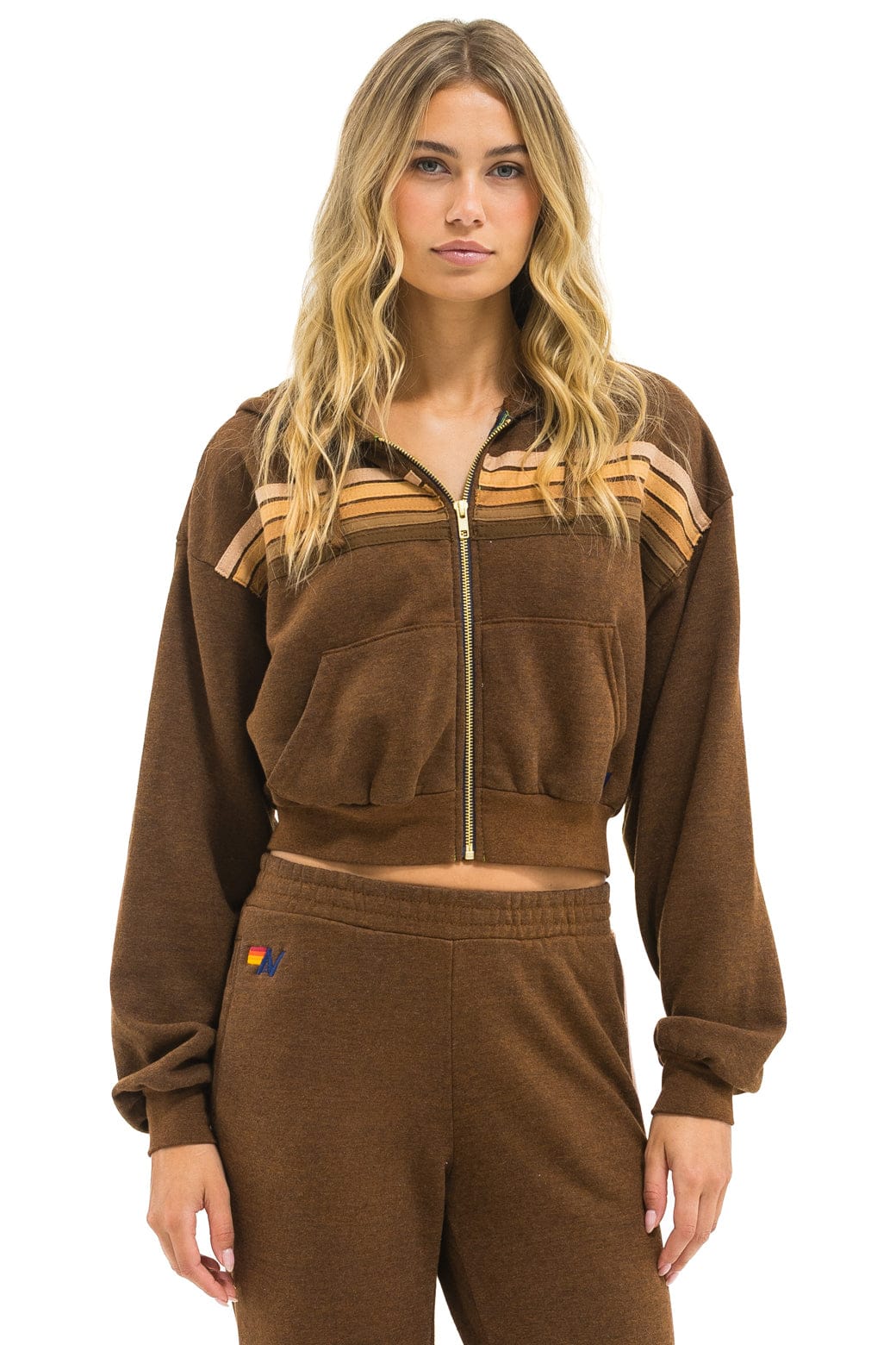 5 STRIPE CROPPED ZIP HOODIE RELAXED - CHOCOLATE // ESPRESSO - Image 2