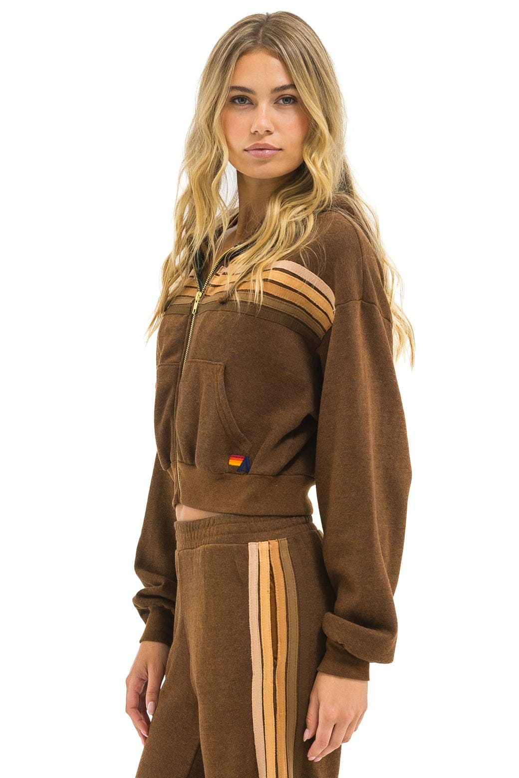 5 STRIPE CROPPED ZIP HOODIE RELAXED - CHOCOLATE // ESPRESSO - Image 3