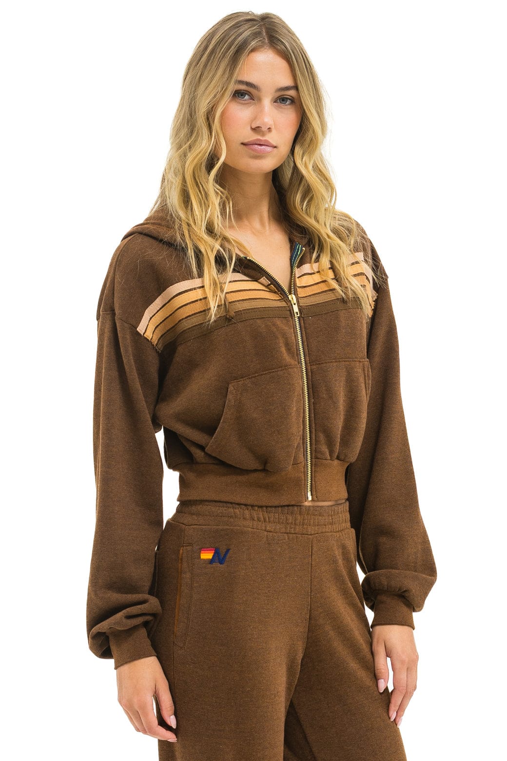 5 STRIPE CROPPED ZIP HOODIE RELAXED - CHOCOLATE // ESPRESSO - Image 4