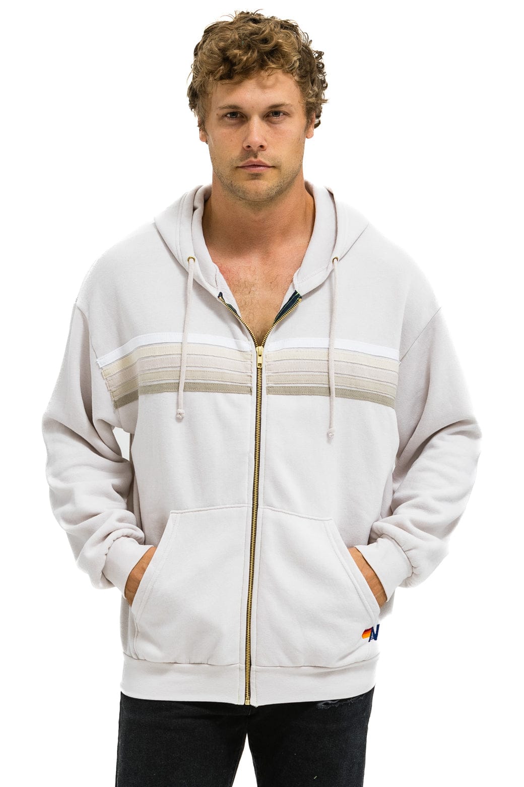 5 STRIPE RELAXED ZIP HOODIE - DOVE GREY // WHITE // GREY - Image 2
