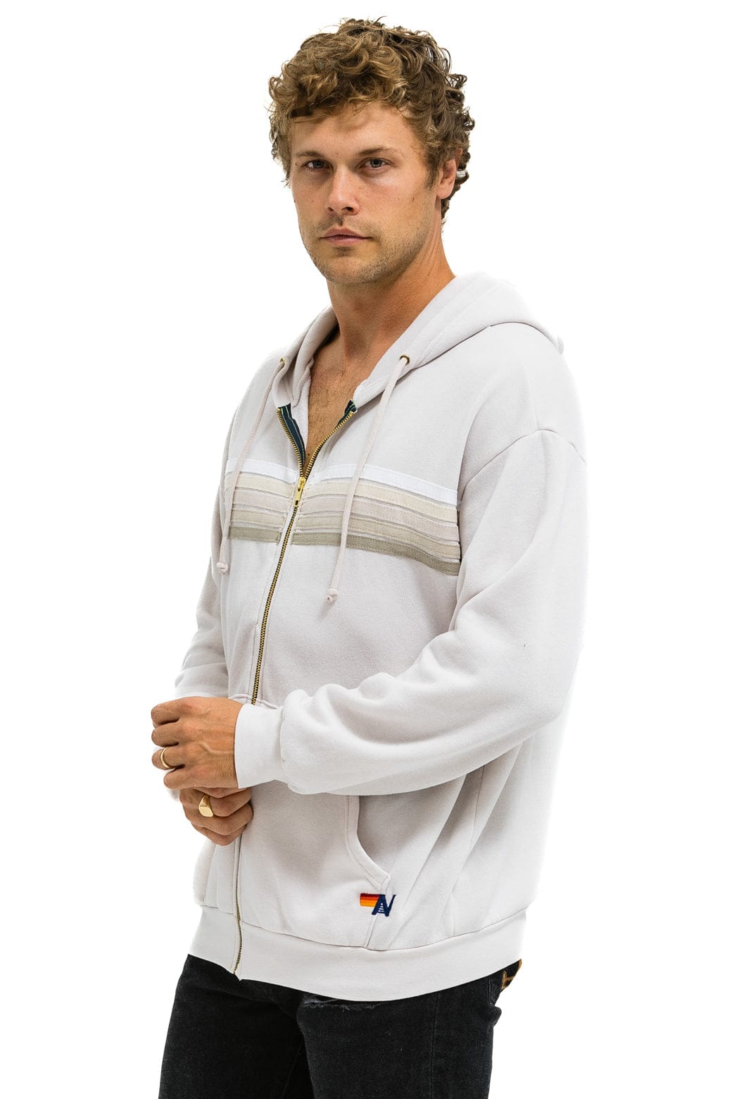 5 STRIPE RELAXED ZIP HOODIE - DOVE GREY // WHITE // GREY - Image 4