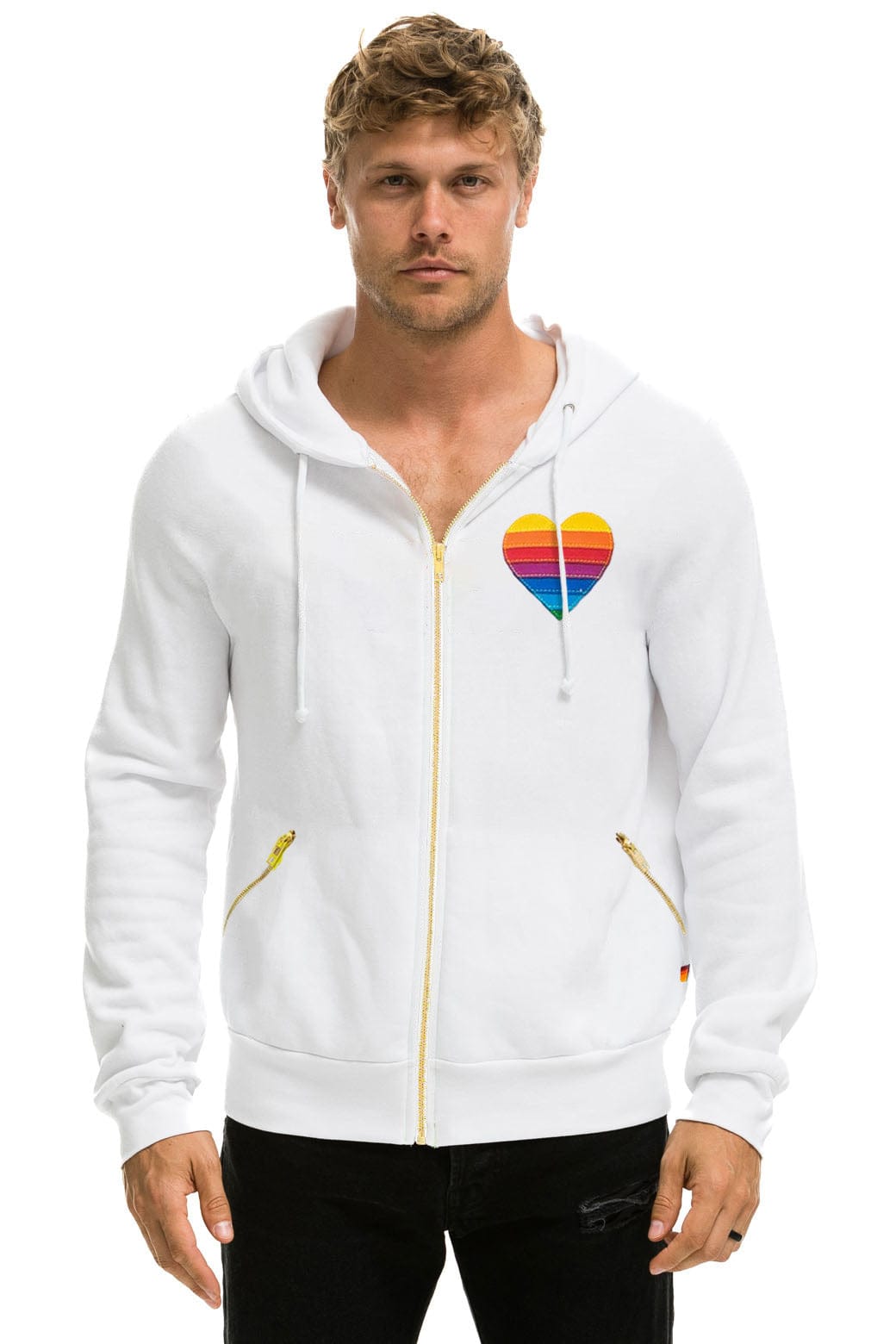 RAINBOW HEART STITCH ZIP HOODIE W/ POCKETS - WHITE - Image 2