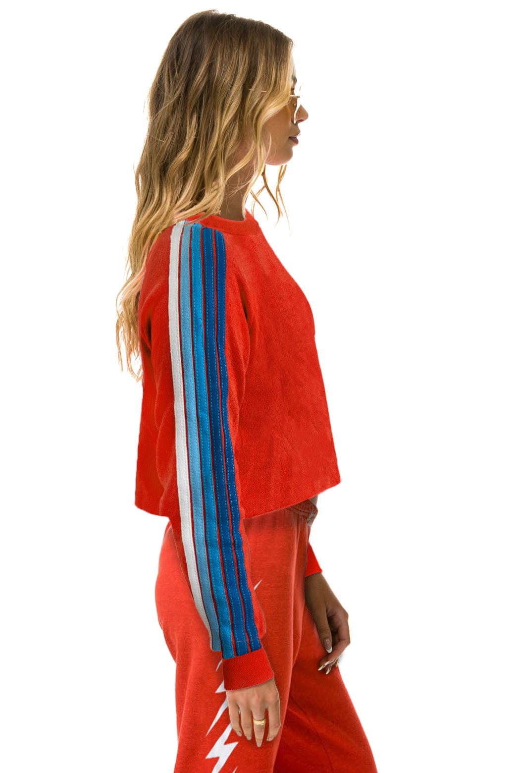 BOLT STRIPE 2 CROPPED CREW SWEATSHIRT - NEON RED - Image 2