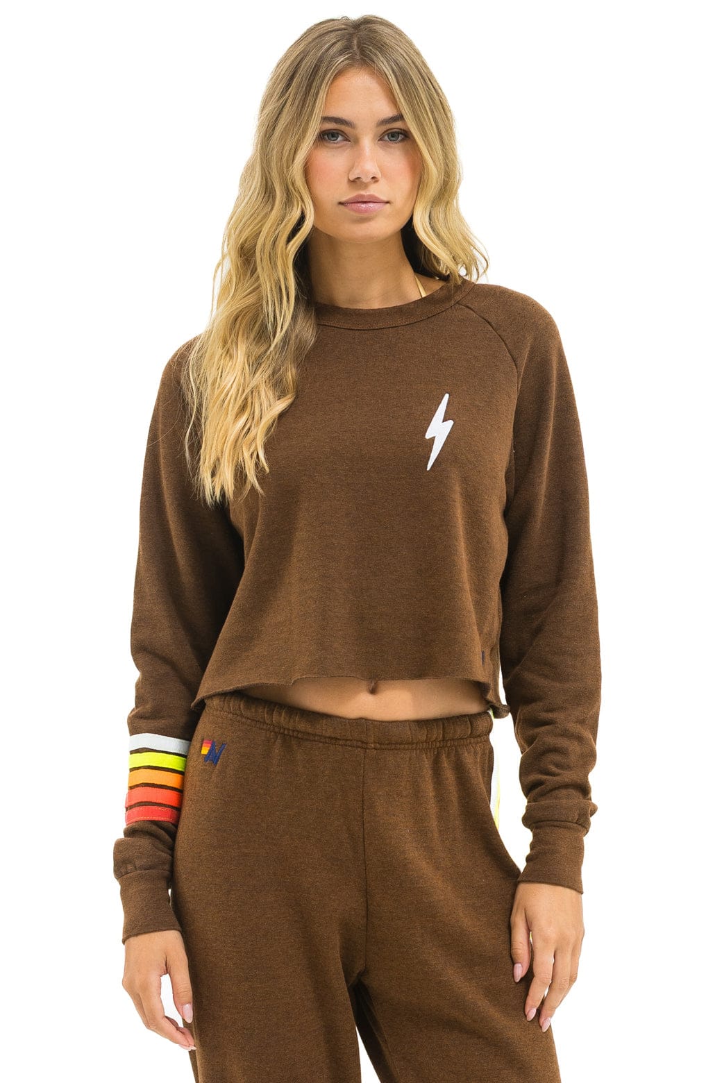 BOLT RUGBY STITCH CROPPED CREW SWEATSHIRT - CHOCOLATE // WHITE NEON - Image 2