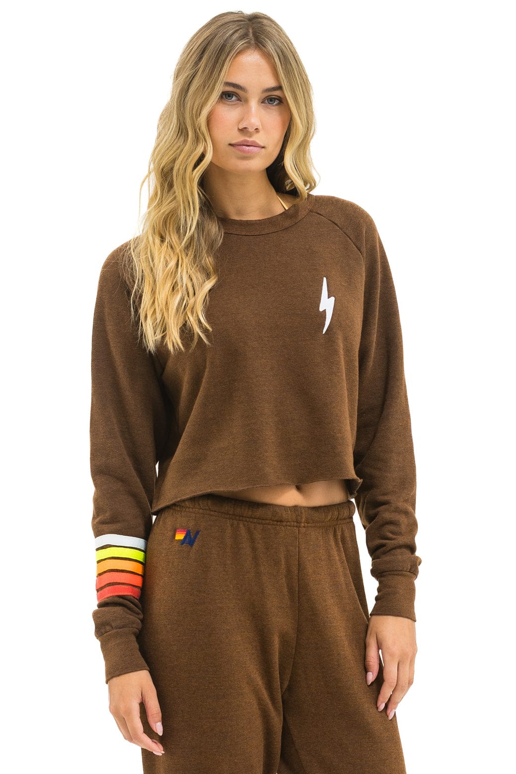 BOLT RUGBY STITCH CROPPED CREW SWEATSHIRT - CHOCOLATE // WHITE NEON - Image 4