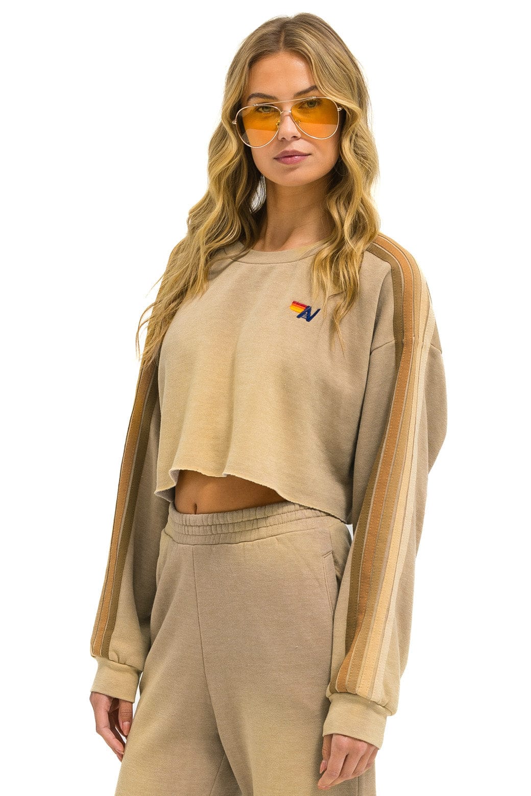 CLASSIC STRIPE CROPPED CREW SWEATSHIRT RELAXED - FADED TAN - Image 2