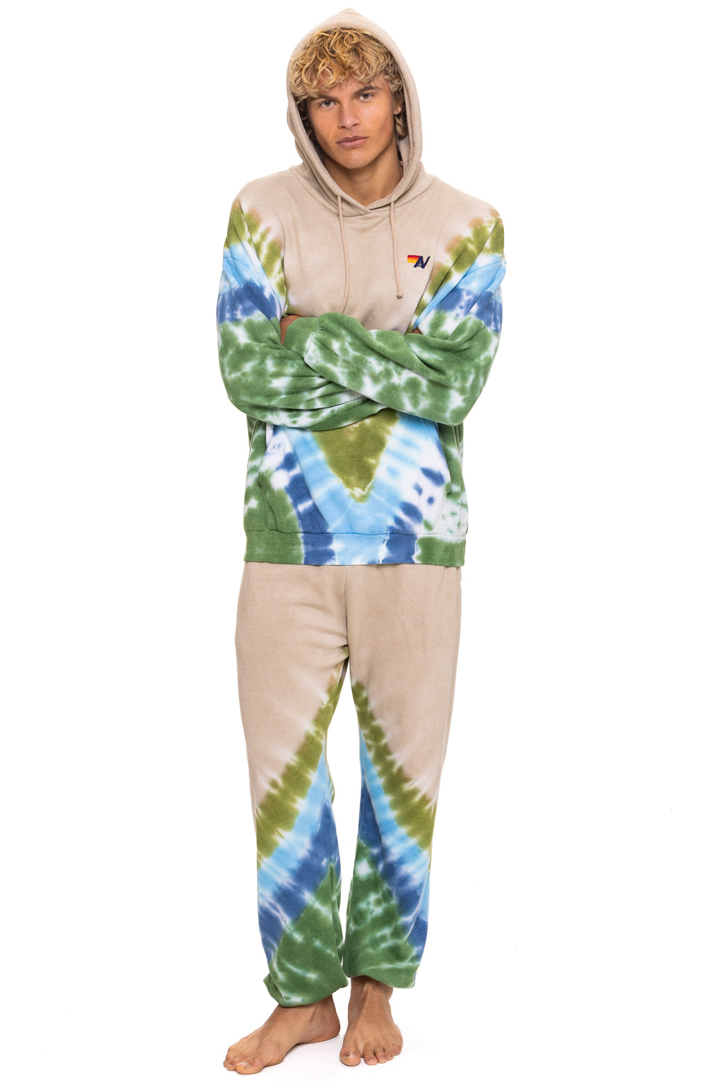 HAND DYED V RELAXED PULLOVER HOODIE - TIE DYE SAND // BLUE GREEN - Image 4