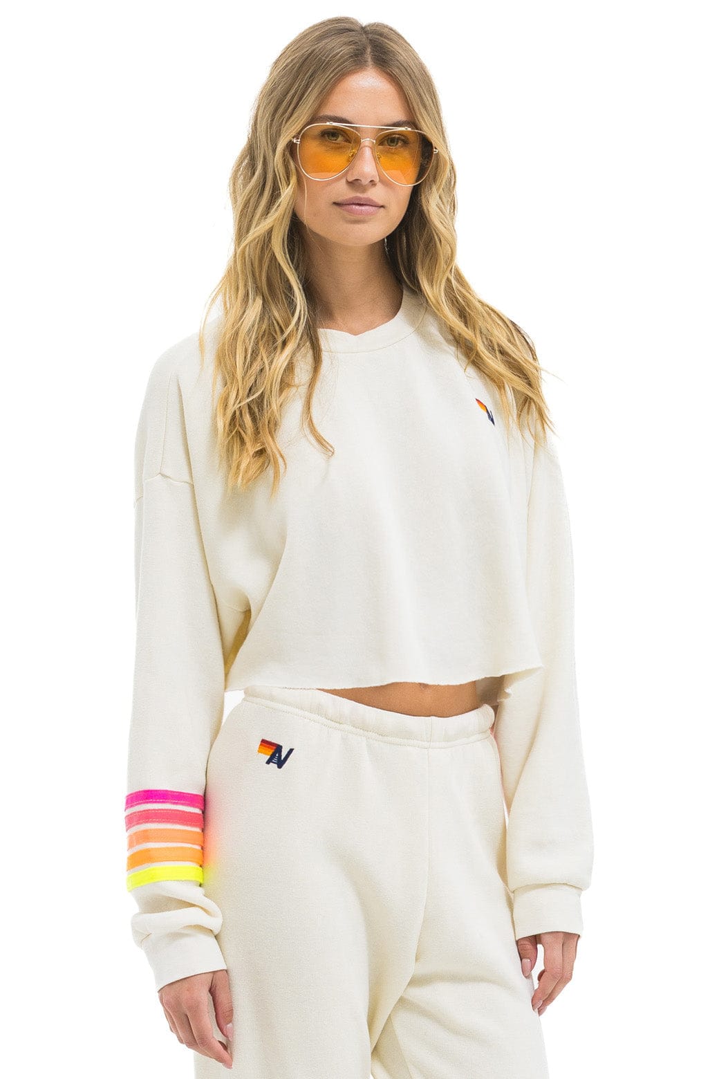 RUGBY STITCH CROPPED CREW SWEATSHIRT RELAXED - VINTAGE WHITE // NEON - Image 2