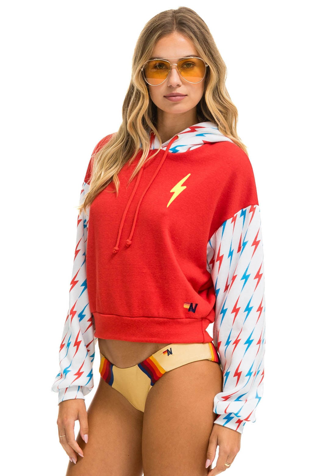 AVIATOR BOLT COLOR BLOCK W/ BOLT EMBROIDERY RELAXED CROPPED PULLOVER HOODIE - RED // USA - Image 2