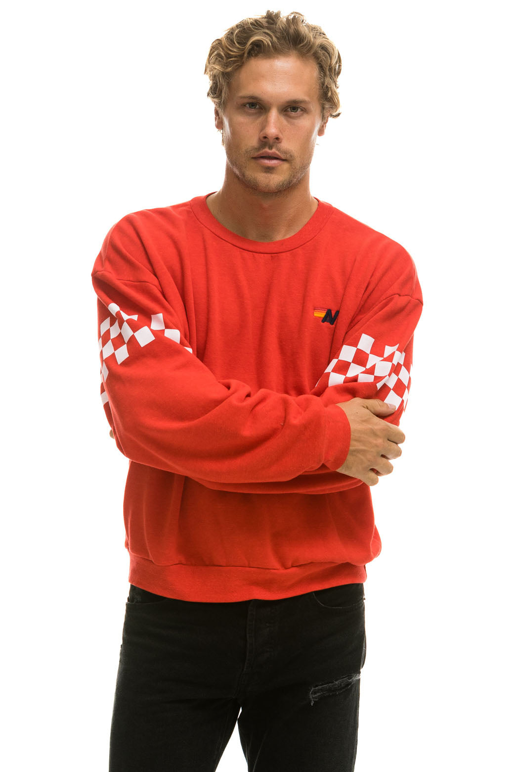 CHECK 2 SLEEVE RELAXED CREW SWEATSHIRT - RED // WHITE - Image 2