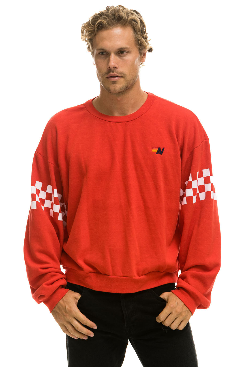 CHECK 2 SLEEVE RELAXED CREW SWEATSHIRT - RED // WHITE - Image 4