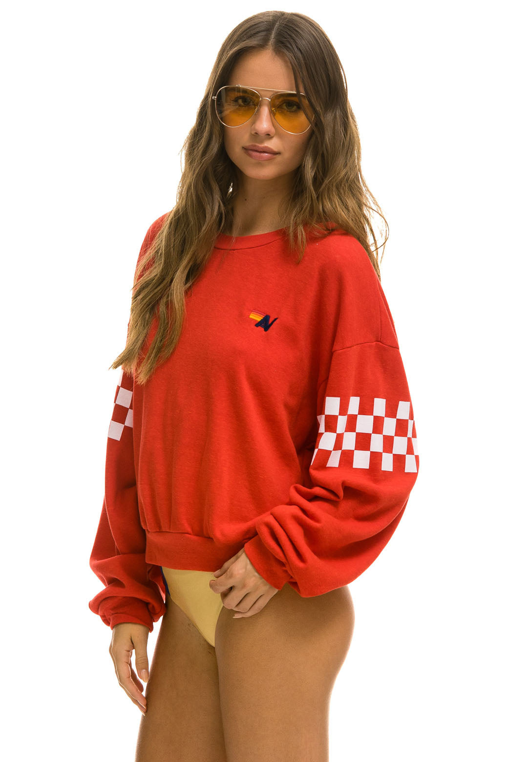 CHECK 2 SLEEVE RELAXED CREW SWEATSHIRT - RED // WHITE - Image 3