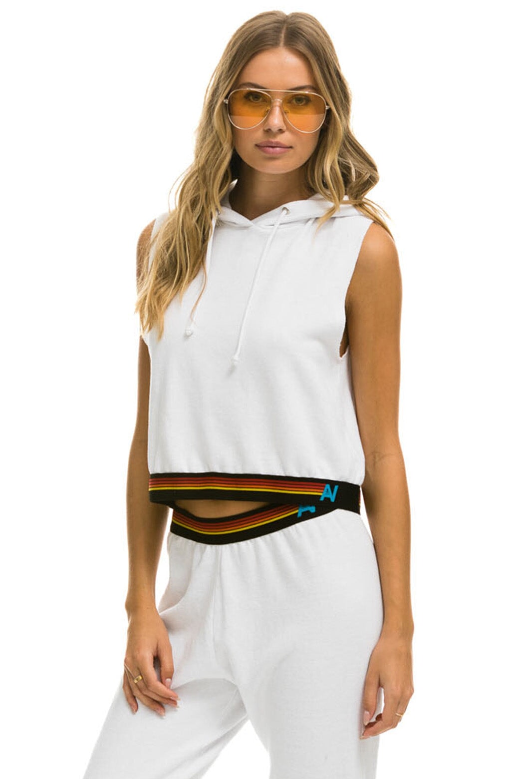 LOGO STRIPE SLEEVELESS CROP PULLOVER HOODIE - WHITE - Image 2