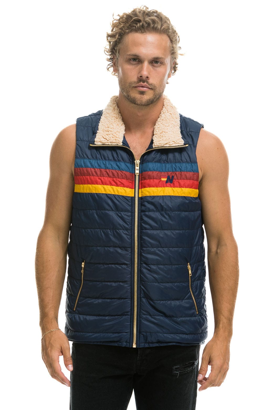 MEN'S 4 STRIPE VEST SHERPA - NAVY - Image 4