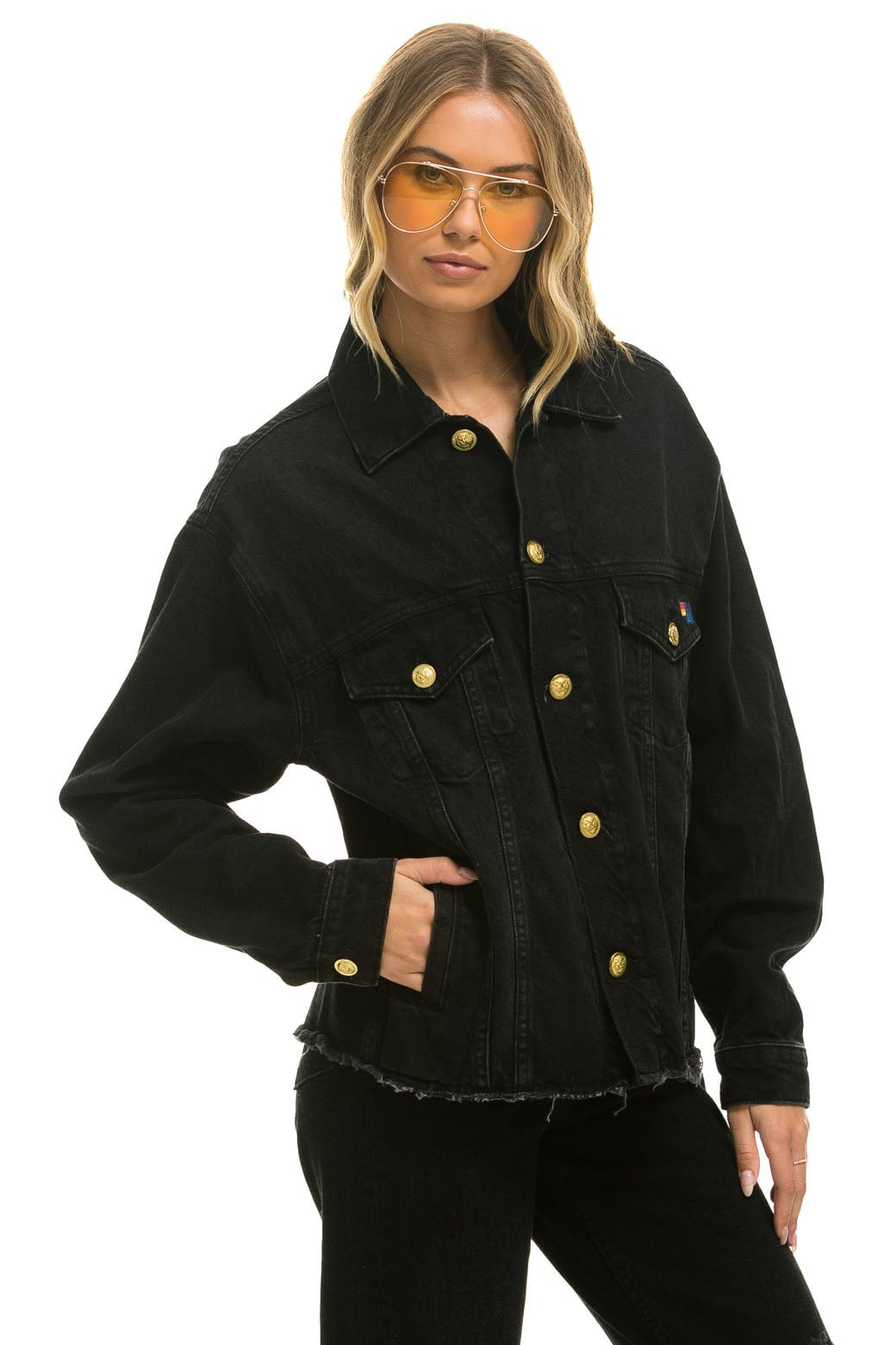 RAINBOW BOLT OVERSIZED CROP DENIM JACKET - VINTAGE BLACK - Image 5