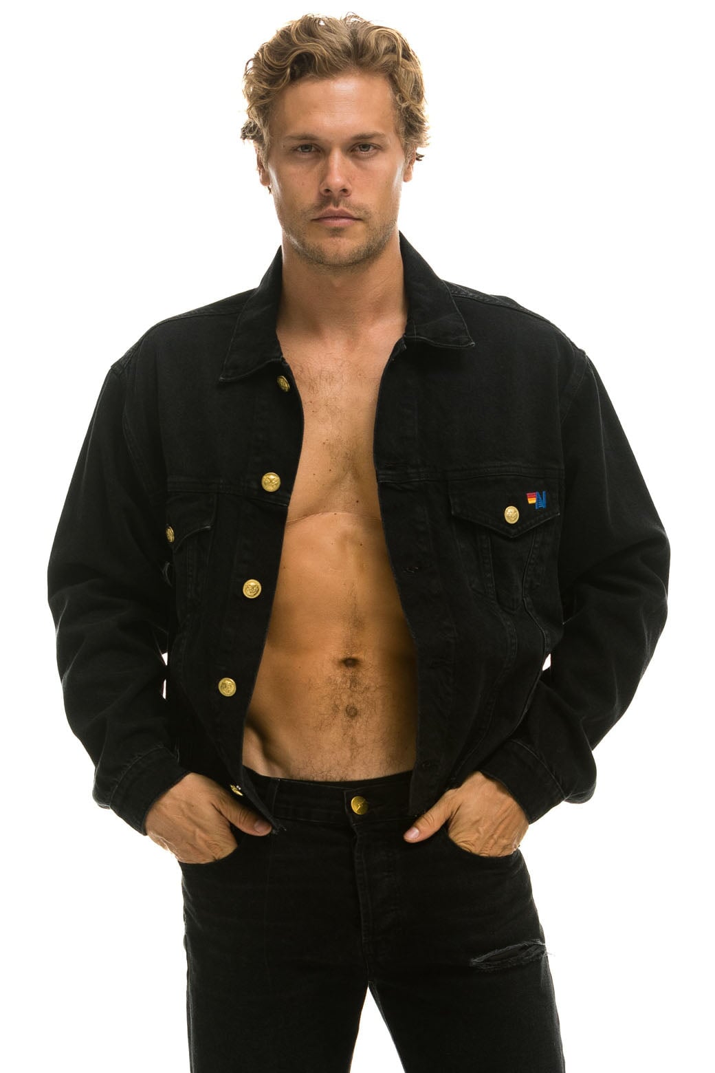 RAINBOW BOLT OVERSIZED CROP DENIM JACKET - VINTAGE BLACK - Image 4