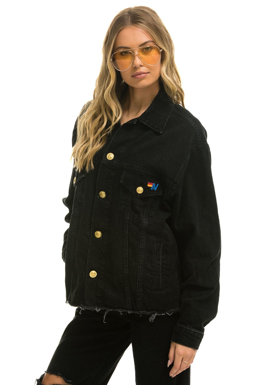 RAINBOW BOLT OVERSIZED CROP DENIM JACKET - VINTAGE BLACK - Image 7