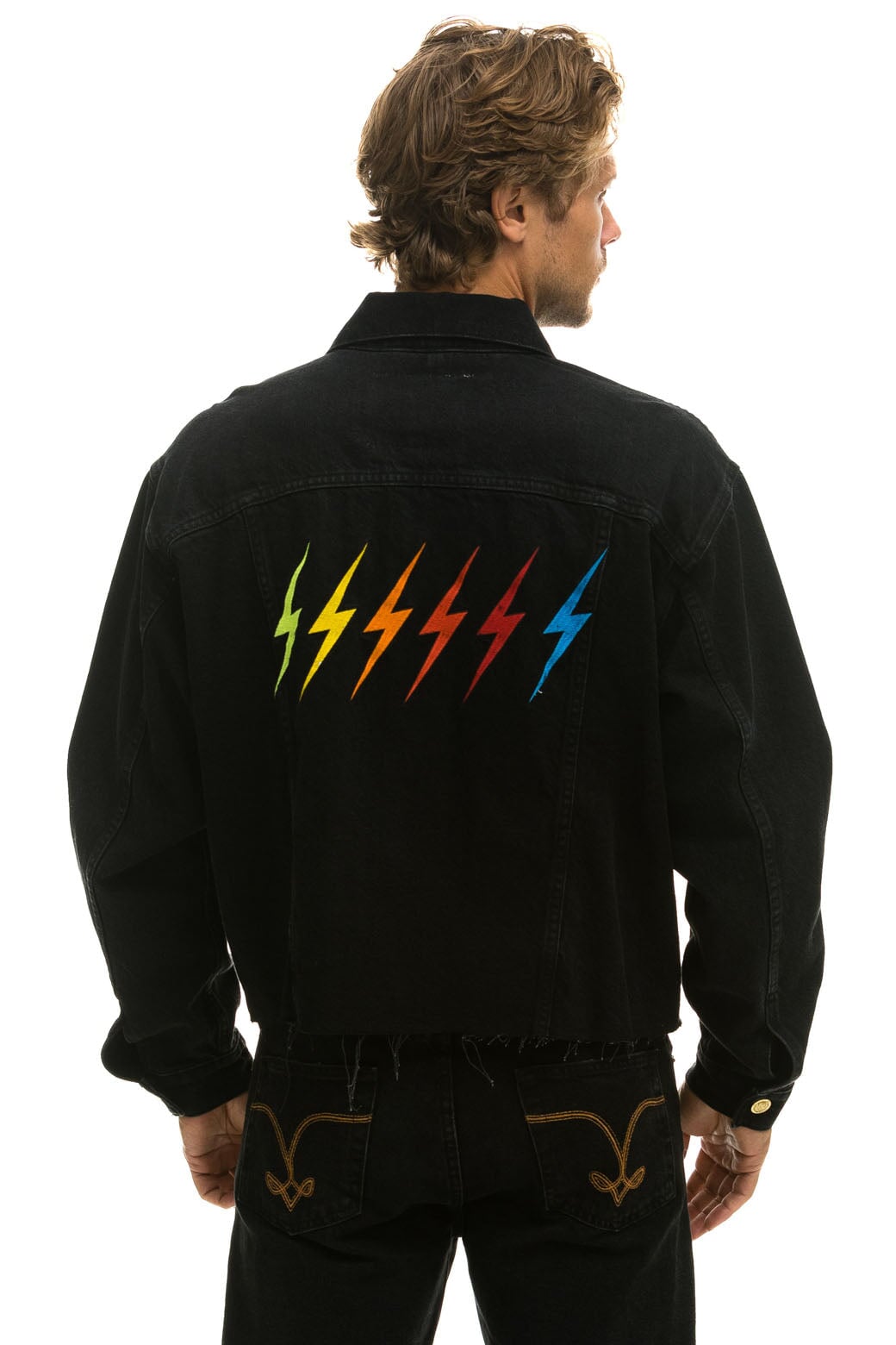 RAINBOW BOLT OVERSIZED CROP DENIM JACKET - VINTAGE BLACK - Image 2