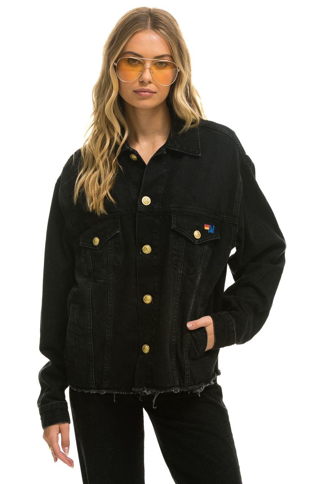 RAINBOW BOLT OVERSIZED CROP DENIM JACKET - VINTAGE BLACK - Image 3