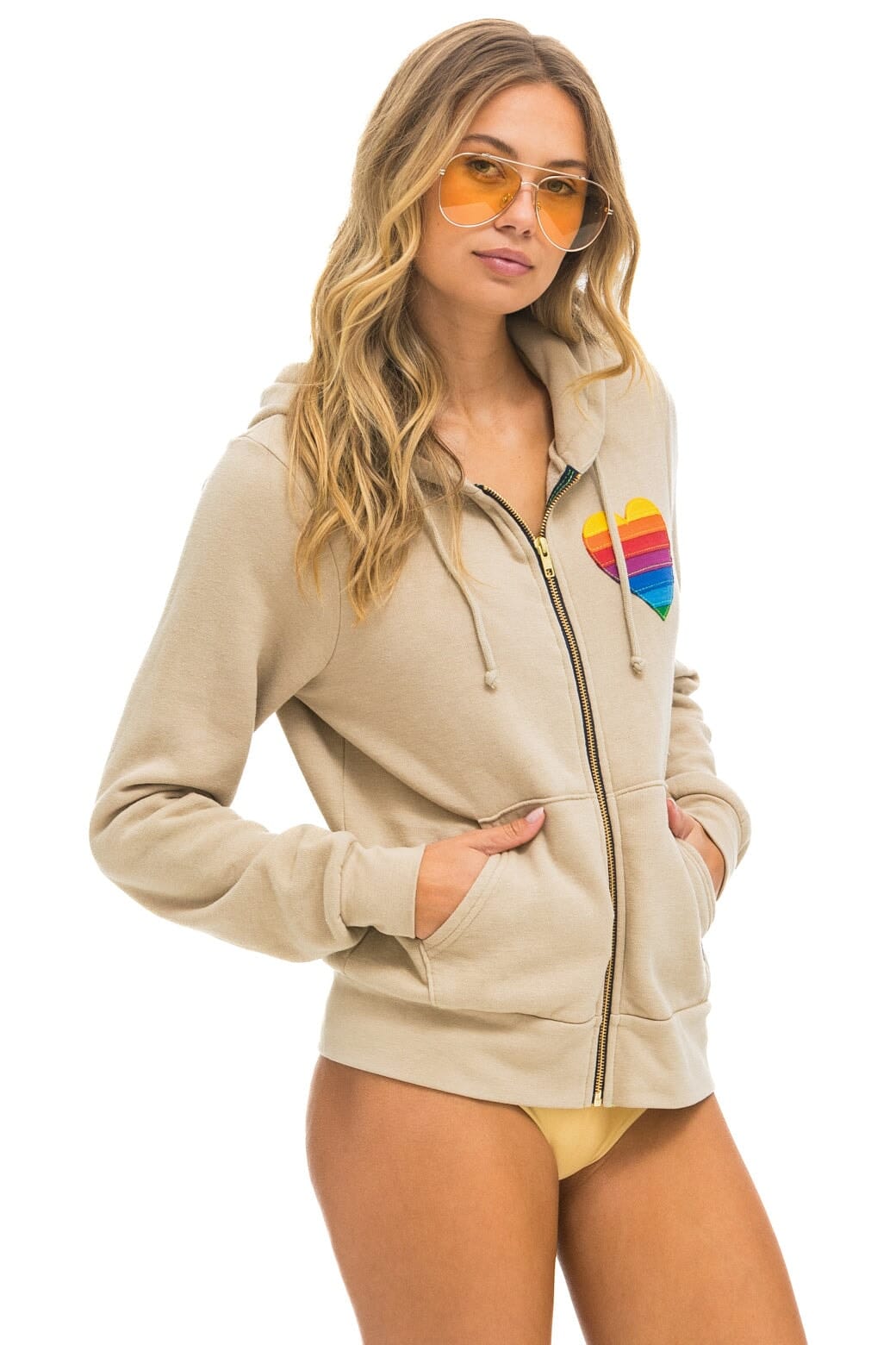 RAINBOW HEART STITCH ZIP HOODIE - SAND - Image 4