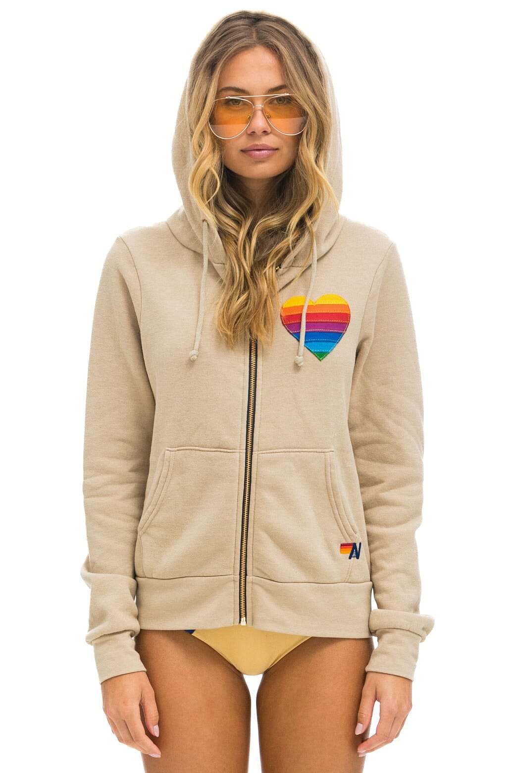RAINBOW HEART STITCH ZIP HOODIE - SAND - Image 5
