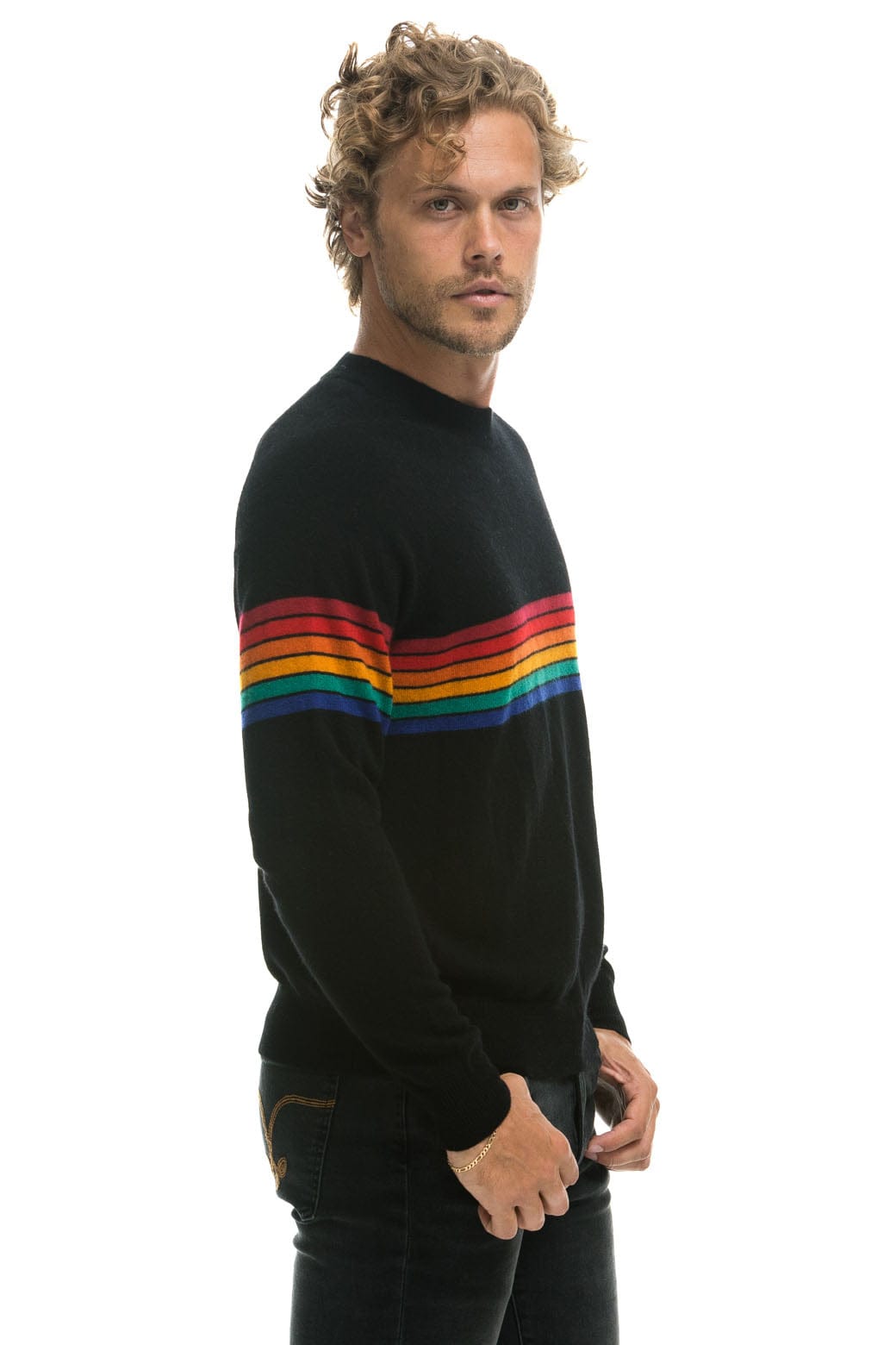 RAINBOW STRIPE 6 UNISEX CASHMERE SWEATER - BLACK - Image 8