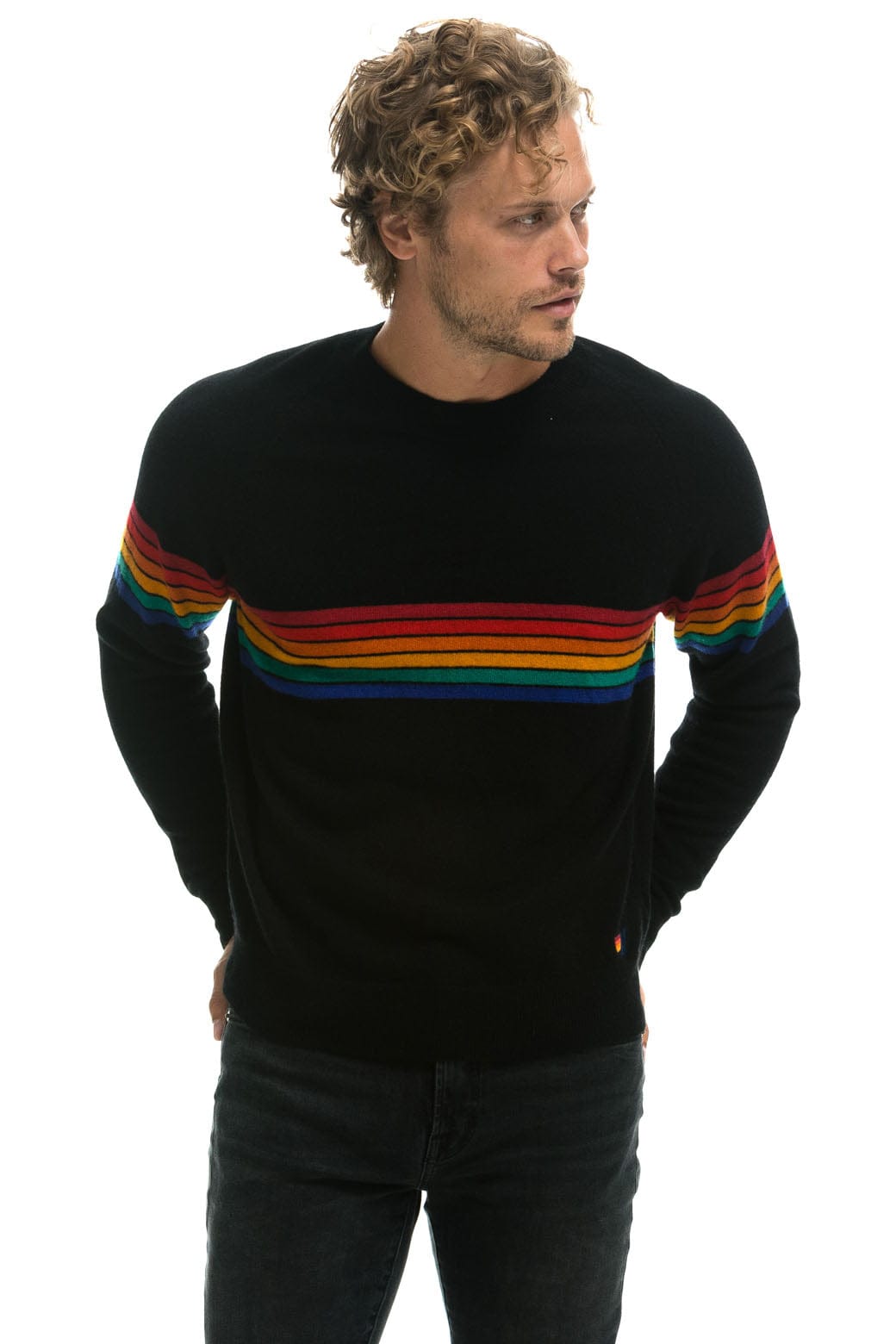 RAINBOW STRIPE 6 UNISEX CASHMERE SWEATER - BLACK - Image 4