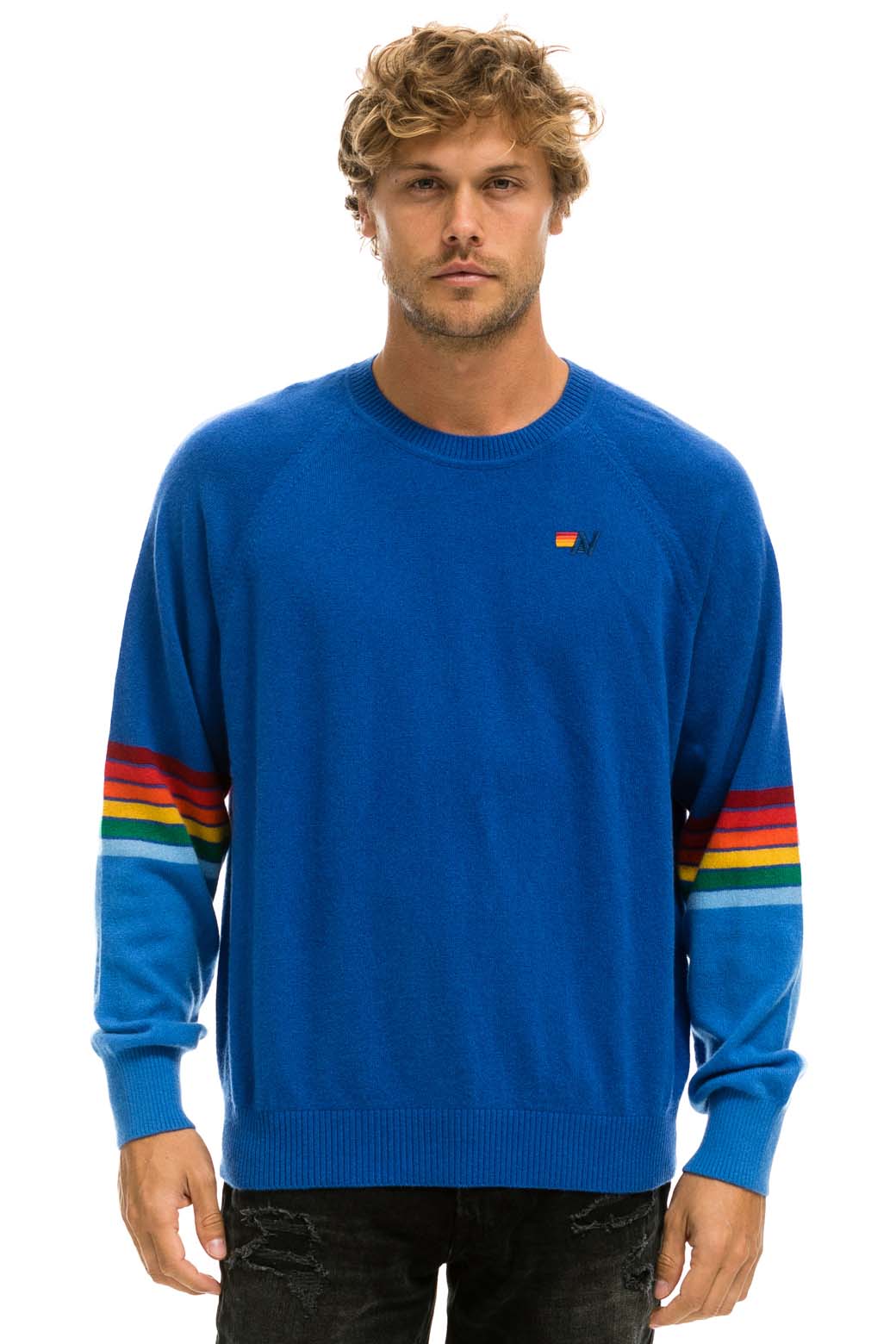 RAINBOW STRIPE SLEEVE UNISEX CASHMERE LIGHT SWEATER - VINTAGE BLUE - Image 4