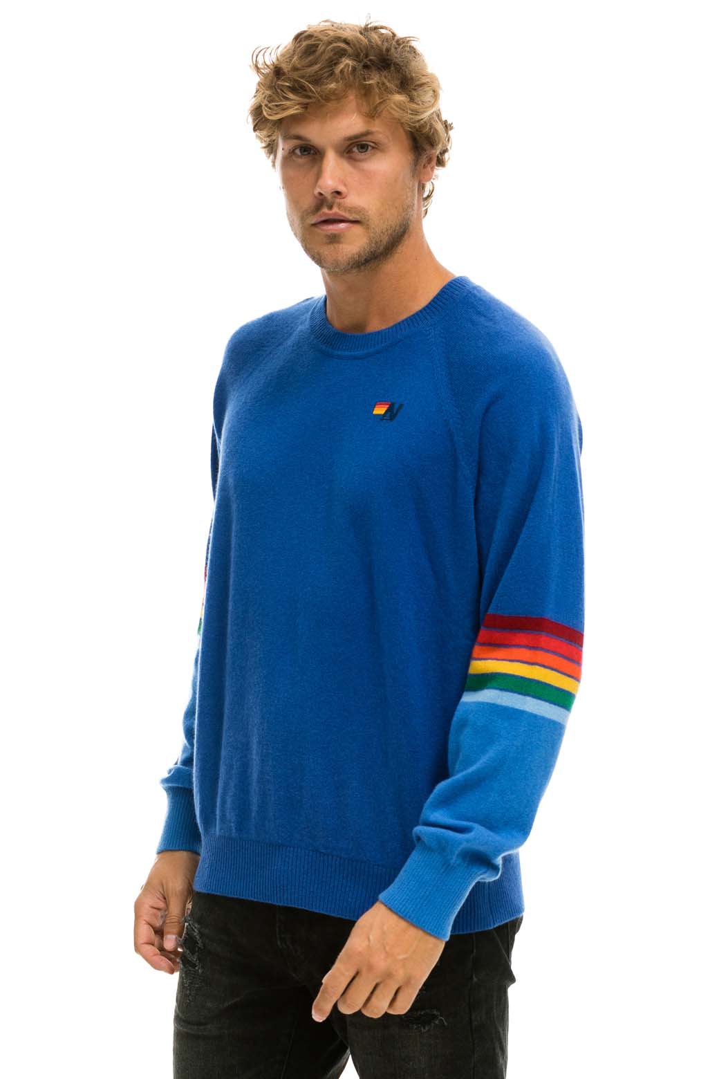 RAINBOW STRIPE SLEEVE UNISEX CASHMERE LIGHT SWEATER - VINTAGE BLUE - Image 6