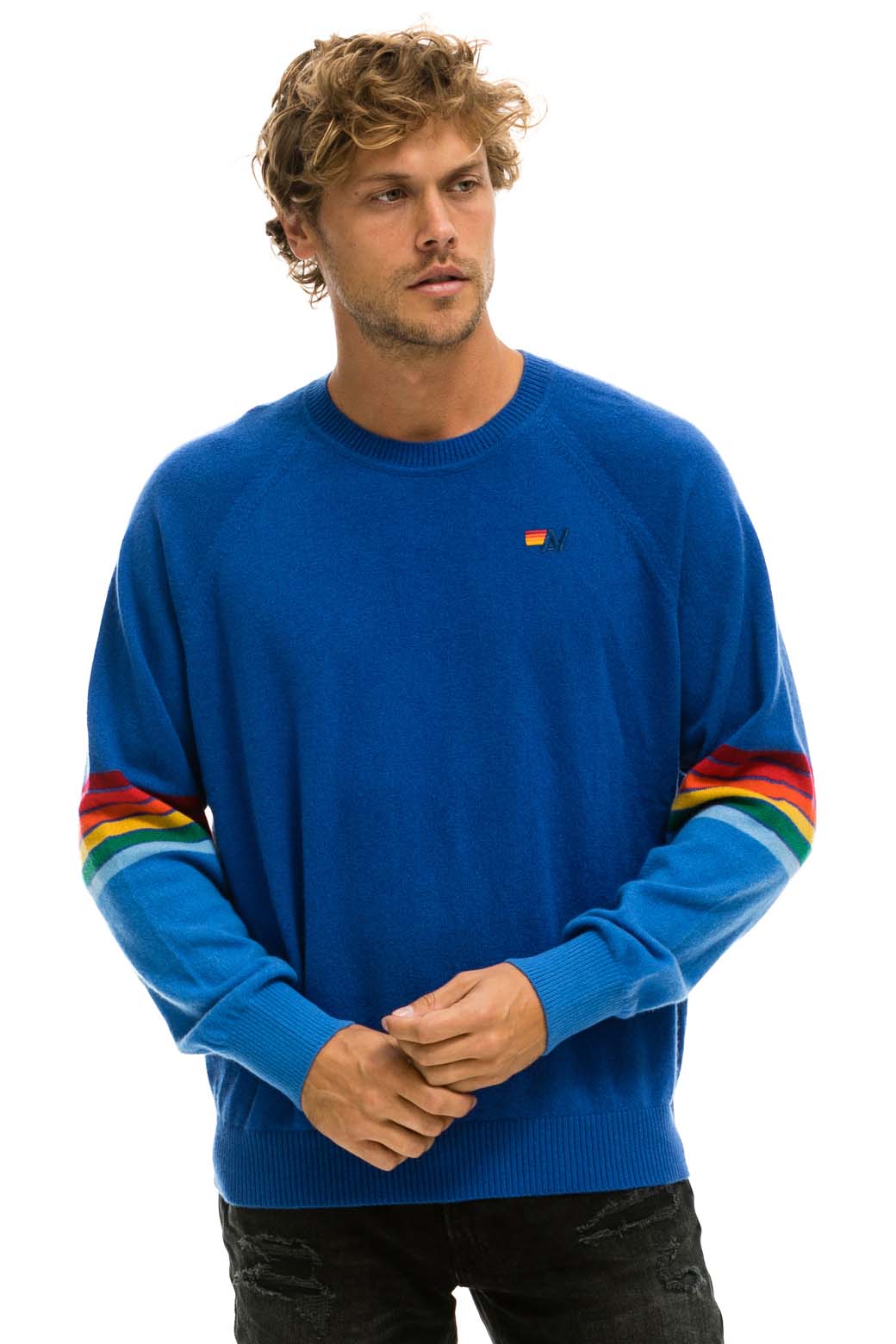 RAINBOW STRIPE SLEEVE UNISEX CASHMERE LIGHT SWEATER - VINTAGE BLUE - Image 2