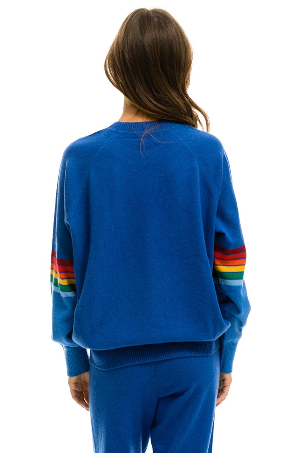 RAINBOW STRIPE SLEEVE UNISEX CASHMERE LIGHT SWEATER - VINTAGE BLUE - Image 7