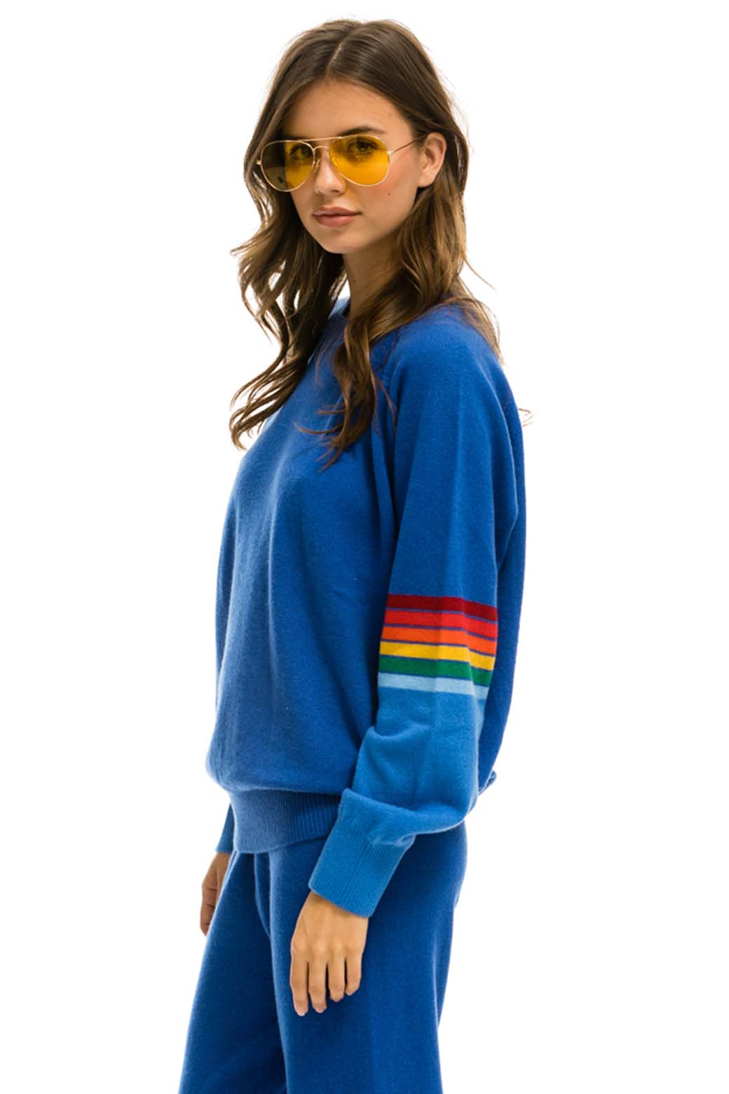 RAINBOW STRIPE SLEEVE UNISEX CASHMERE LIGHT SWEATER - VINTAGE BLUE - Image 5