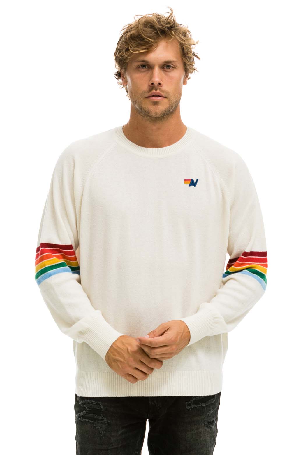 RAINBOW STRIPE SLEEVE UNISEX CASHMERE LIGHT SWEATER - VINTAGE WHITE - Image 5