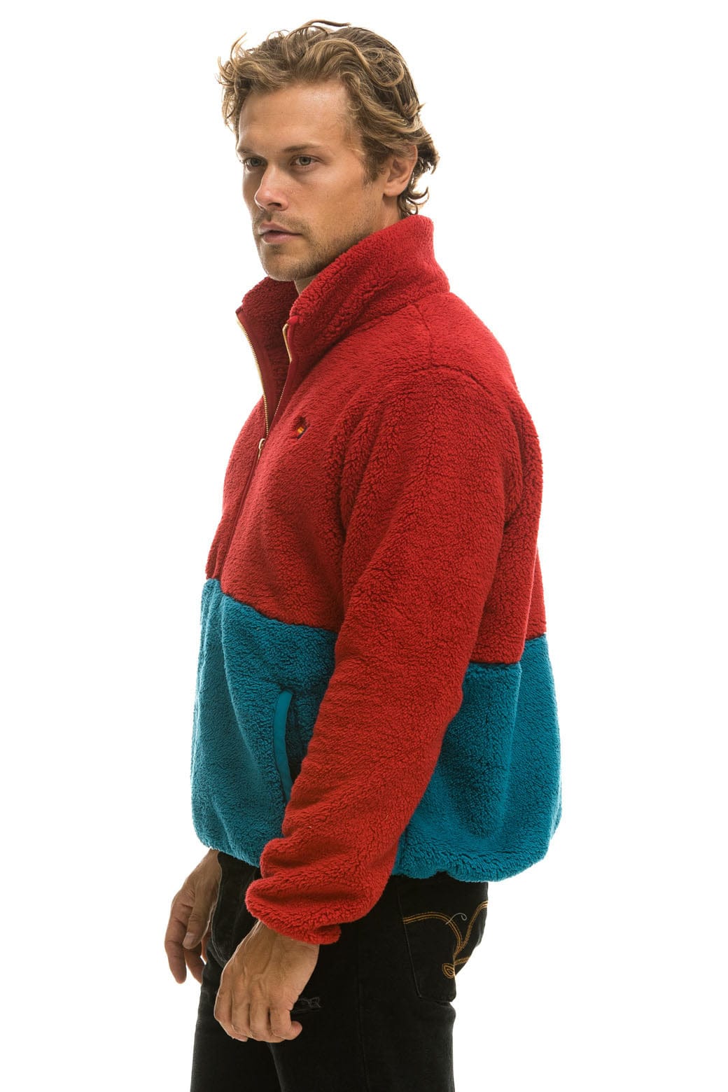 TEDDY UNISEX HALF ZIP COLOR BLOCK JACKET - CHERRY - Image 5