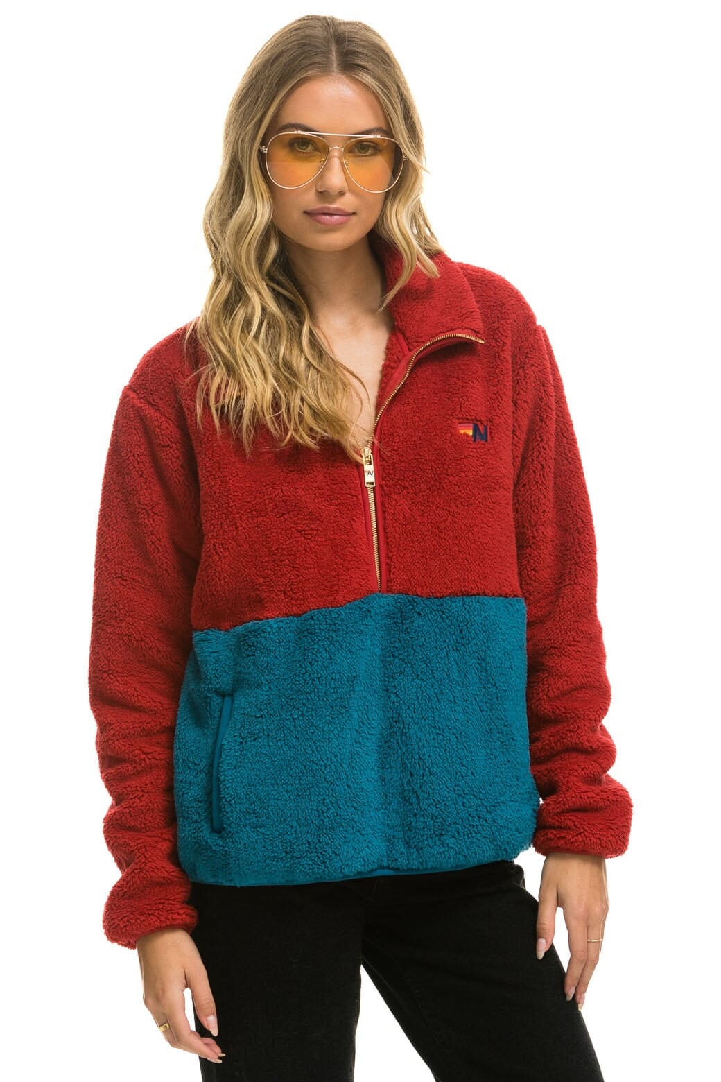 TEDDY UNISEX HALF ZIP COLOR BLOCK JACKET - CHERRY - Image 3