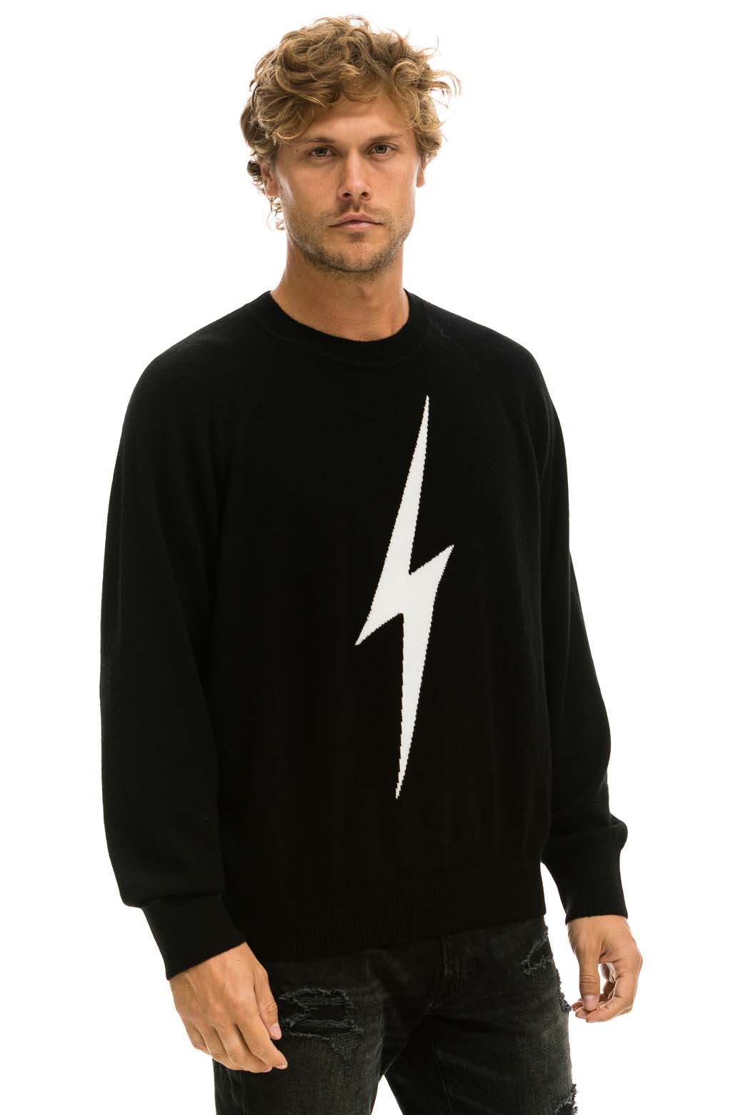 UNISEX BOLT CASHMERE LIGHT SWEATER - BLACK // WHITE BOLT - Image 6